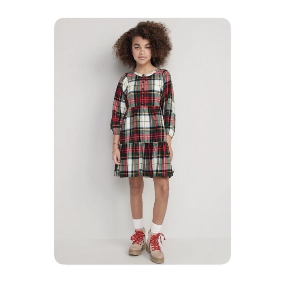 Old Navy White Tartan Plaid Long Sleeve Button Front Swing Dress Size XL 14-16